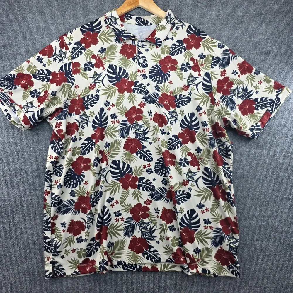 Caddy Cart Mens XL Tropical‎ Marlin Floral Performance Golf Polo Shirt Cream Red
